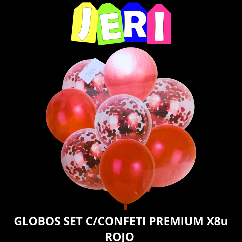 GLOBOS SET C/ CONFETI PREMIUM X8U (ROJO)