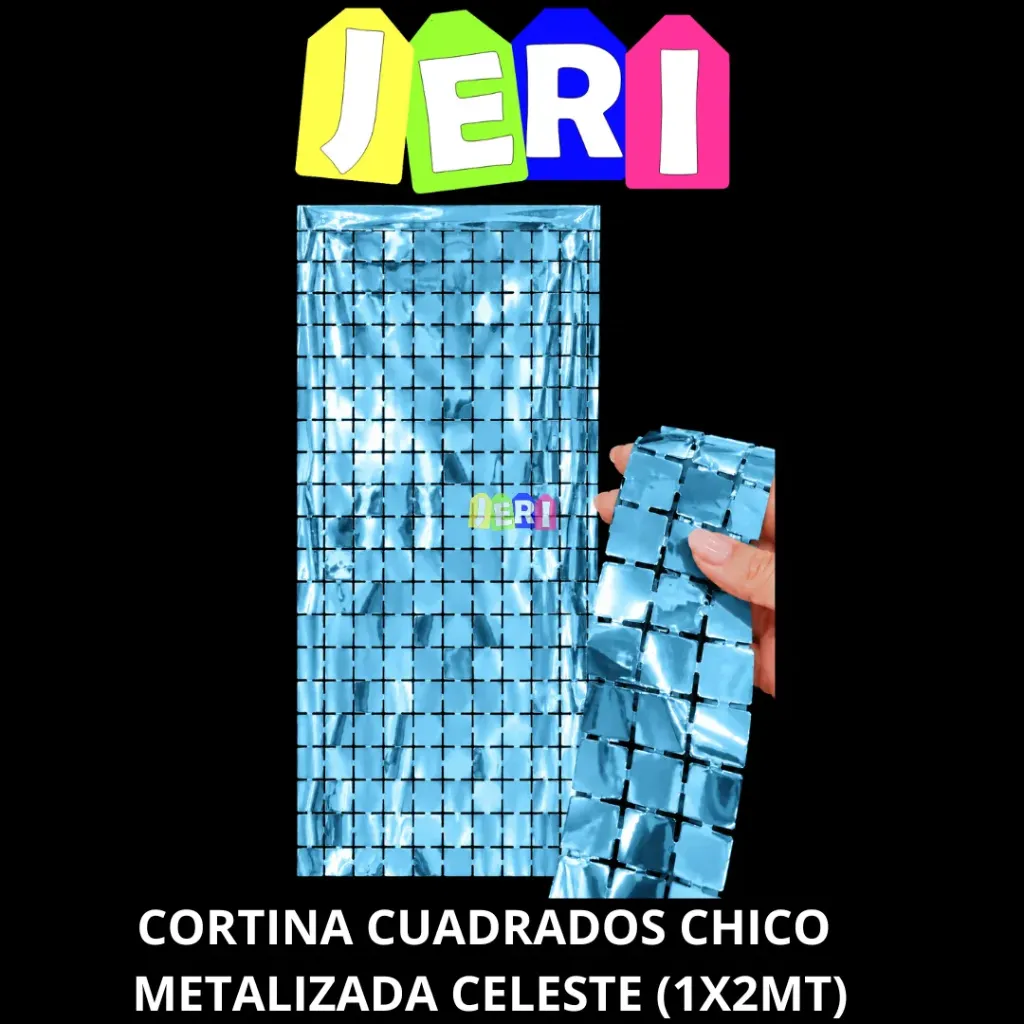 CORTINA CUADRADOS CHICOS METALIZADA (CELESTE)