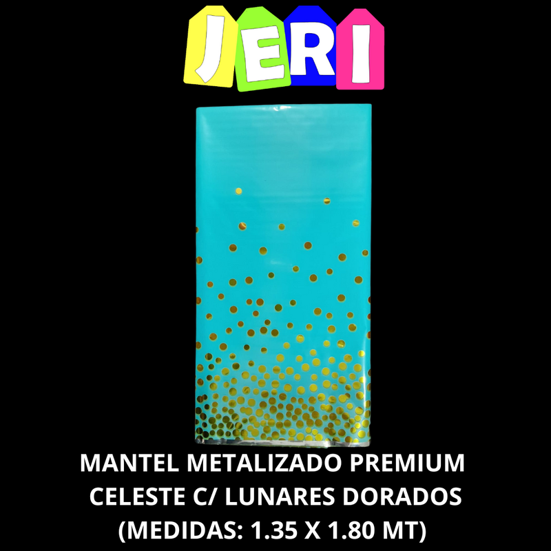 MANTEL METALIZADO PREMIUM C/ LUNARES DORADOS (CELESTE)