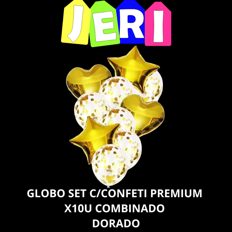 GLOBOS SET C/ CONFETI PREMIUM X10U COMBINADO (DORADO)