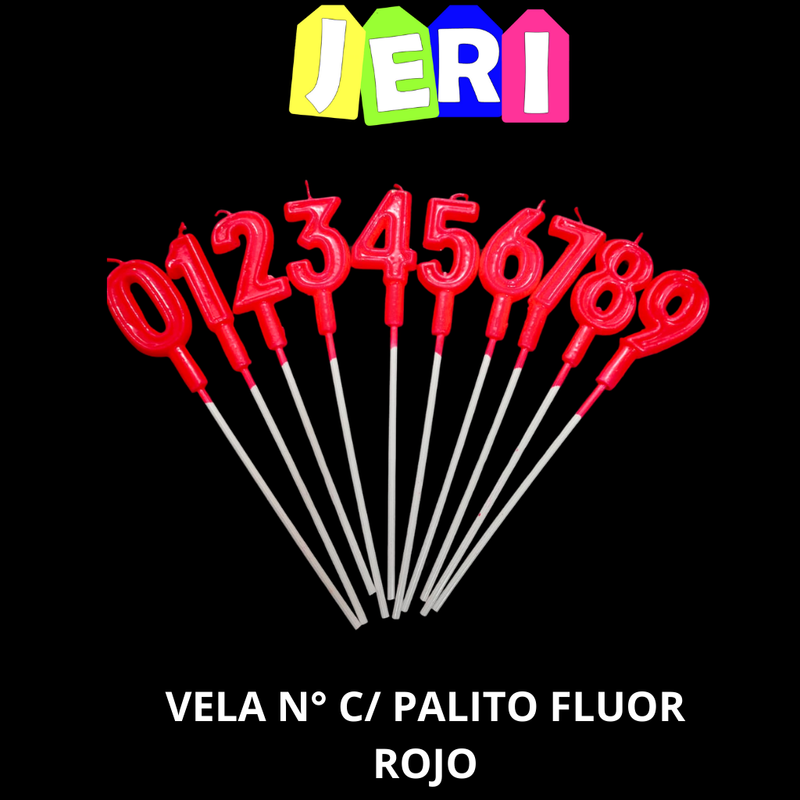 VELA NUMERO C/PALITO FLUOR (ROJO, 1)