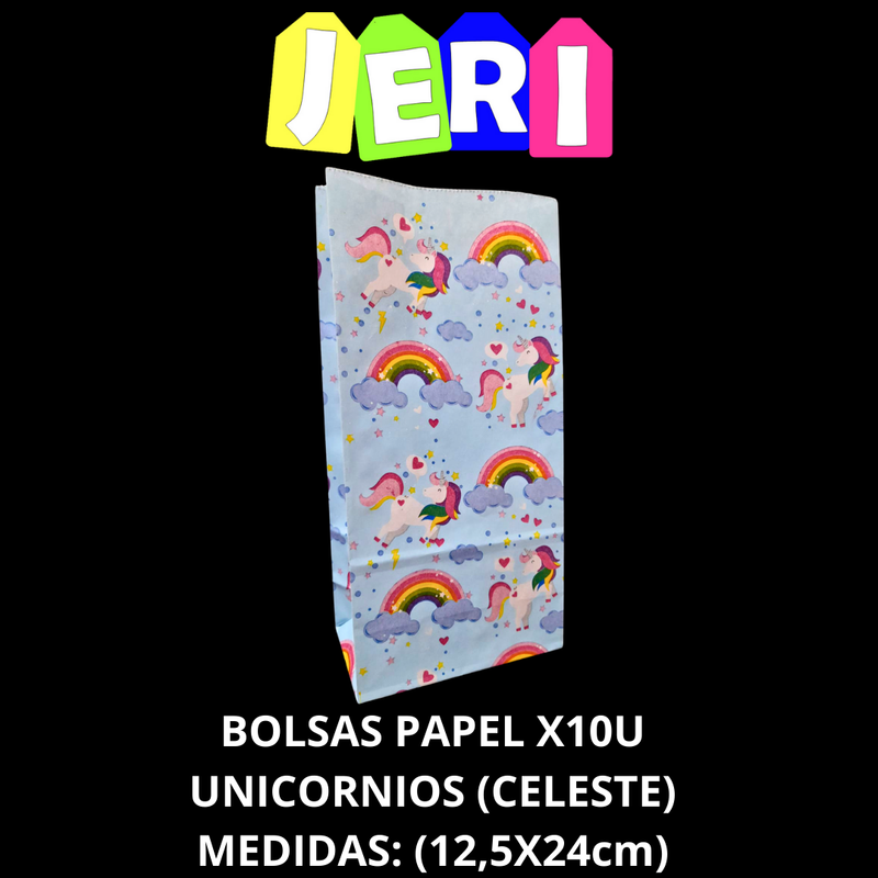 BOLSAS DE PAPEL X10U DIBUJOS (UNICORNIO CELESTE)