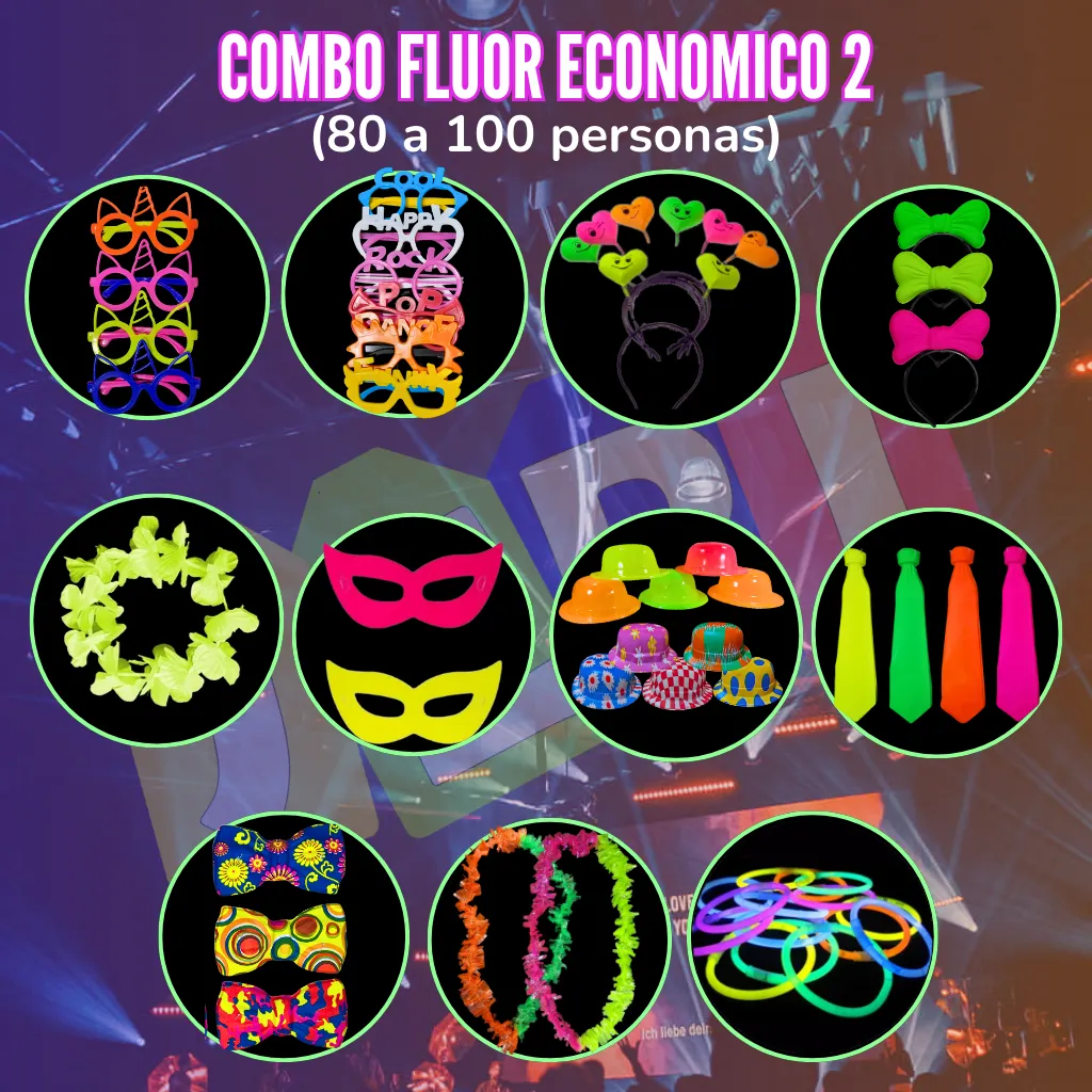 COMBO FIESTA FLUOR ECONOMICO 2 (LETRAS, CORAZON, LISO, FLUOR)