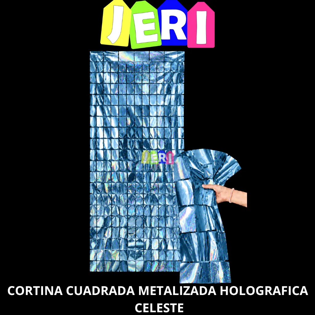 CORTINA CUADRADA METALIZADA HOLOGRAFICA (CELESTE)