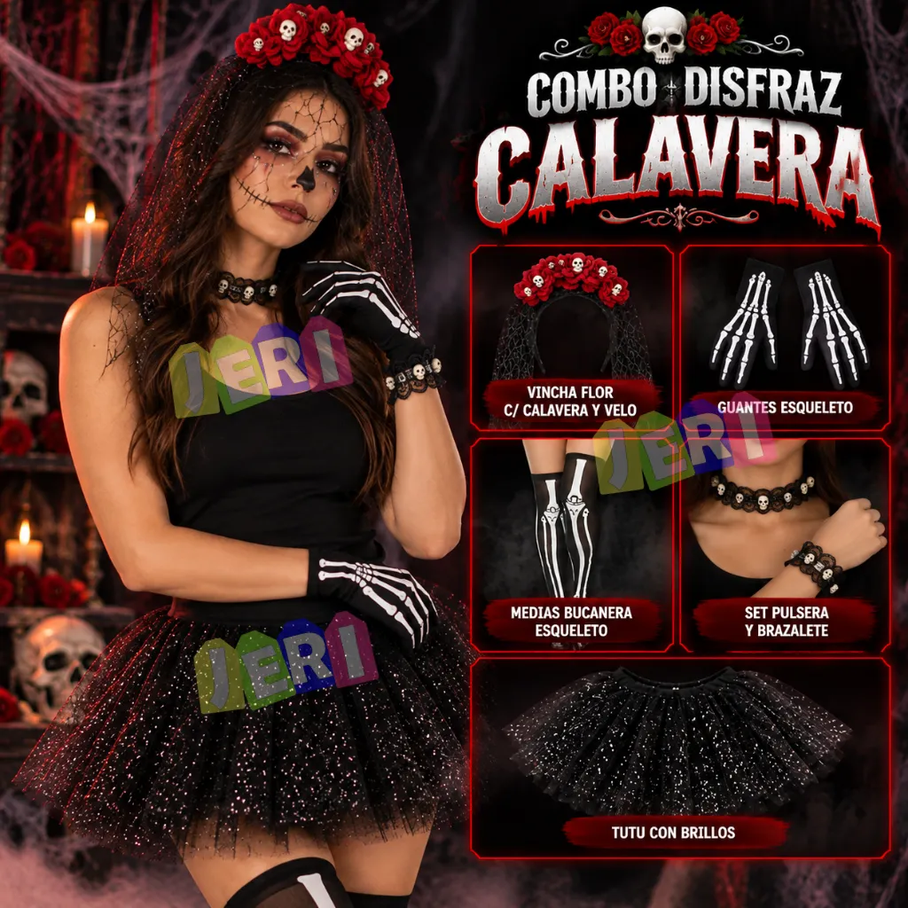 COMBO DISFRAZ CALAVERA PREMIUM (FEMENINO)