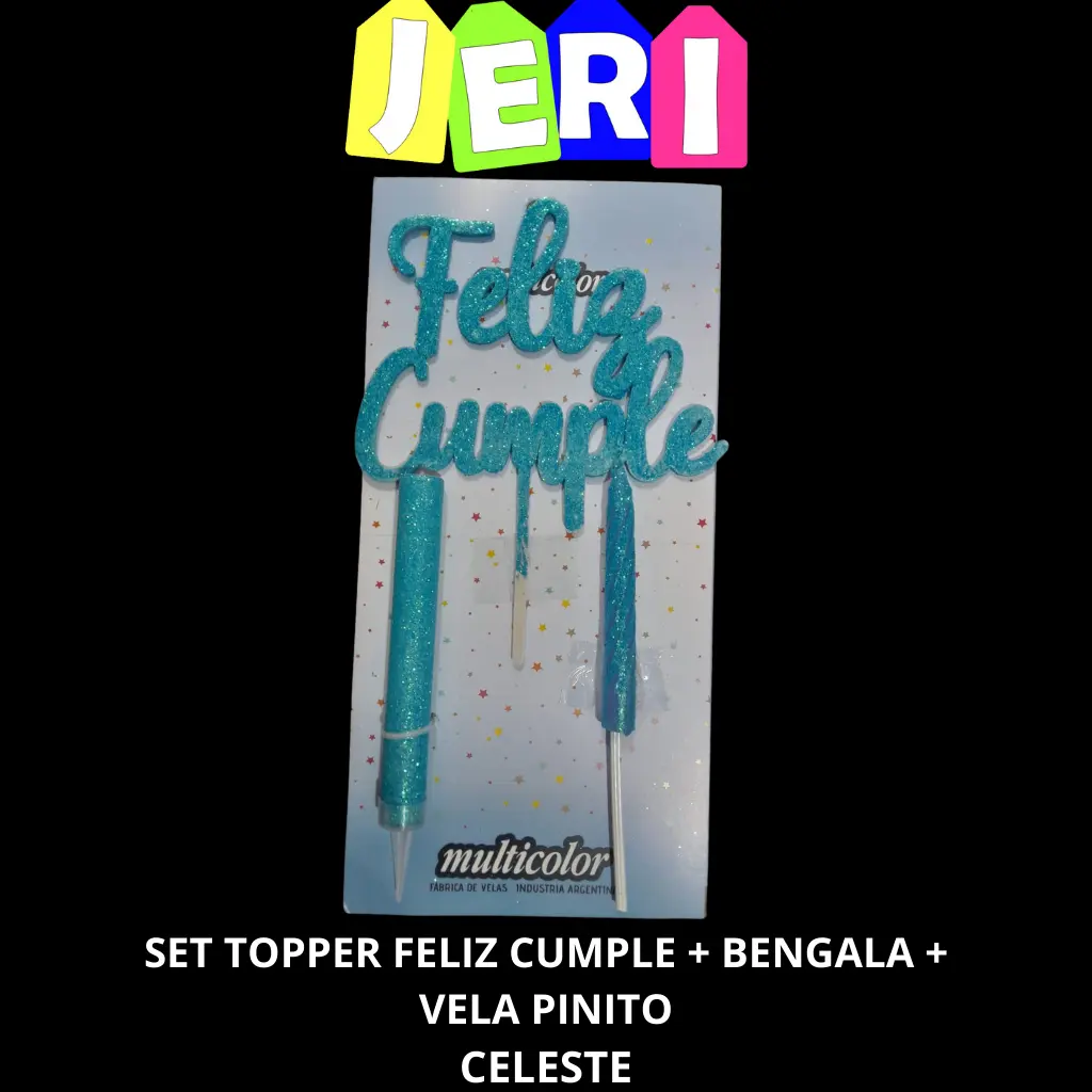 SET TOPPER FELIZ CUMPLE + BENGALA + VELA PINITO (CELESTE)