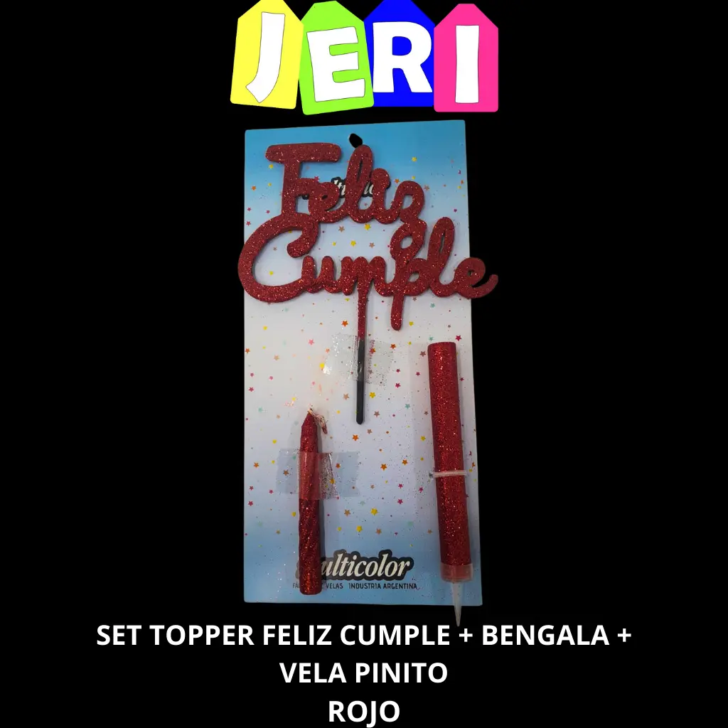 SET TOPPER FELIZ CUMPLE + BENGALA + VELA PINITO (ROJO)