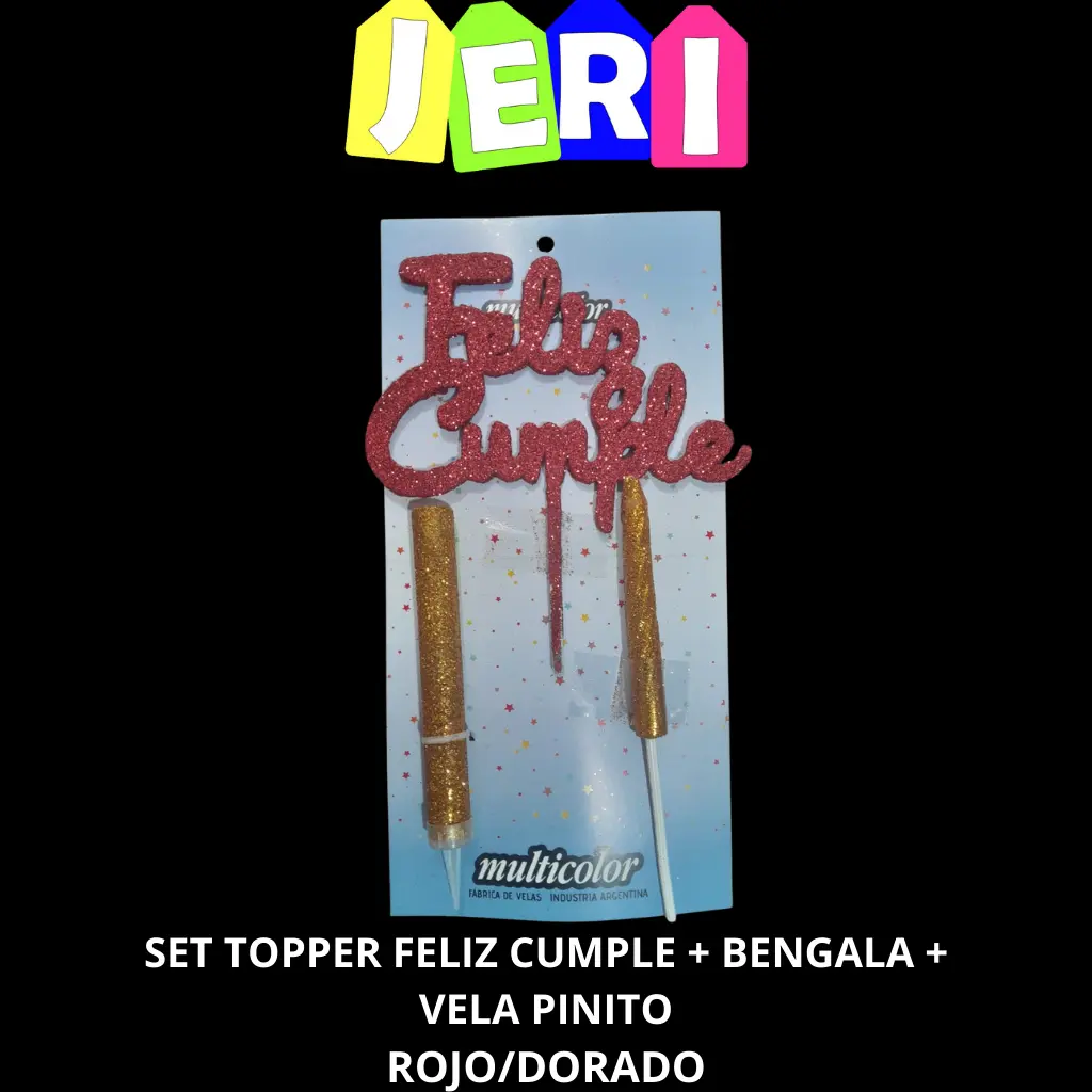 SET TOPPER FELIZ CUMPLE + BENGALA + VELA PINITO (ROJO/DORADO)