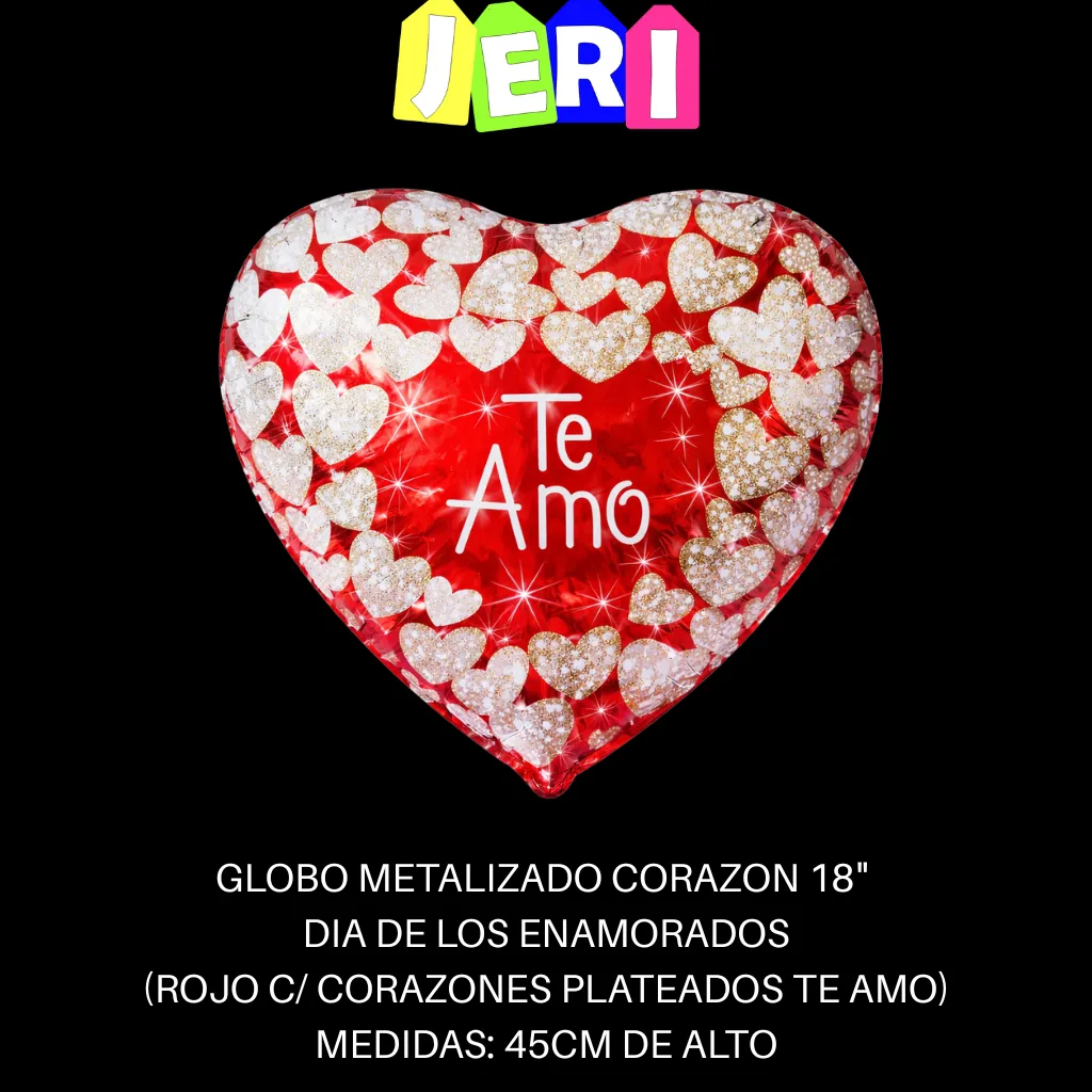 GLOBO METALIZADO CORAZON 18" TE AMO (ROJO C/ CORAZONES PLATEADOS TE AMO)