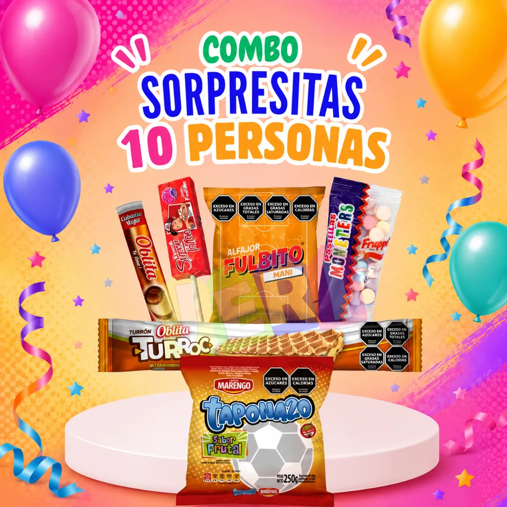 COMBO SORPRESITAS X10U (MANI, FIERITA TATTO FRUTILLA, TAPONAZO FRUTAL)