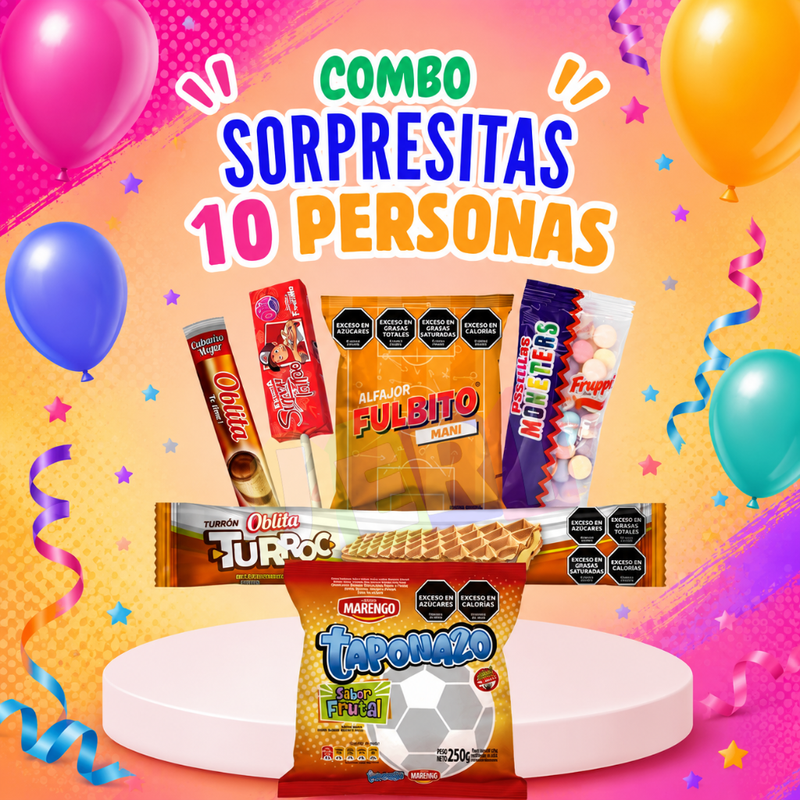 COMBO SORPRESITAS X10U (MANI, FIERITA TATTO FRUTILLA, TAPONAZO FRUTAL)