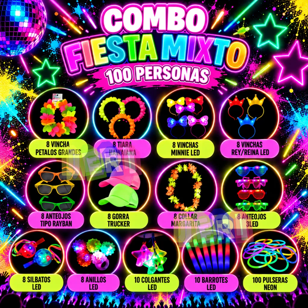 COMBO FIESTA MIXTO 100 PERSONAS (MULTICOLOR)